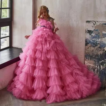 Пышное Розово-красное Платье с цветочным узором для девочек, Платье для Красивой девушки, платье Принцессы, платье для Первого причастия, Платье для Свадебной вечеринки для девочек с коротким рукавом