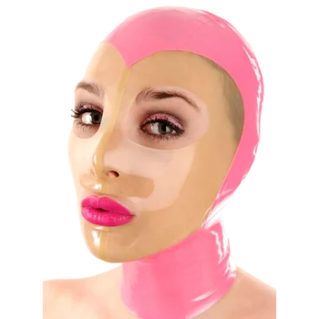 Резиновая латексная маска, Фетиш, Сексуальный Розовый и прозрачный капюшон для лица, Головной убор ручной работы S-LM240