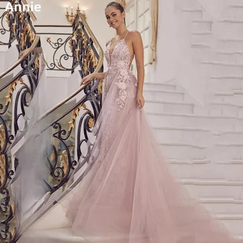 Розовое Вечернее платье Annie из Органзы с ручной Аппликацией, Платье для выпускного Вечера с V-образным вырезом и Открытой спиной, Свадебное платье Vestidos De Noche