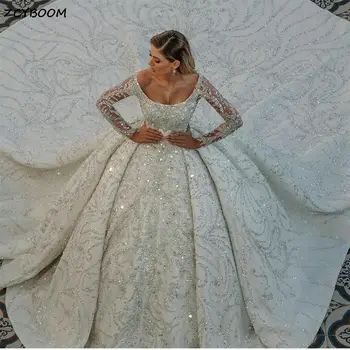 Роскошные Свадебные платья с Длинными Рукавами, расшитые бисером и кристаллами, 2023, Арабский Дубай, Бальное платье с блестками, Свадебные платья Vestidos De Novia