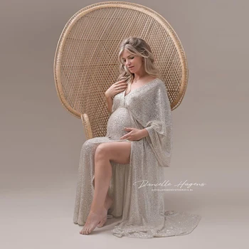 Сверкающее платье для беременных в полоску в стиле Бохо для фотосъемки, Макси-платье для беременных, Женское Длинное платье