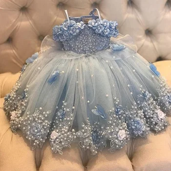 Светло-Небесно-голубой Жемчуг, платья с цветочным узором для девочек на свадьбу, бальные платья Длиной до пола, тюлевое платье для Первого причастия
