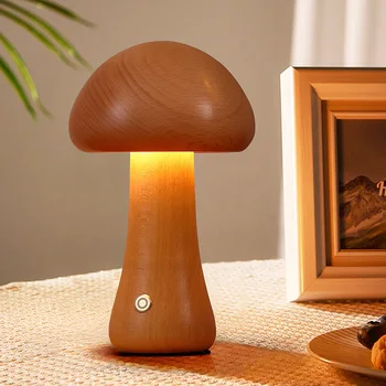 Светодиодный ночник с сенсорным выключателем, Деревянный Милый Гриб, Прикроватная тумбочка, лампа для спальни, Детская комната для сна, USB-аккумулятор