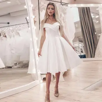 Сшитые на заказ большие размеры, простые атласные короткие свадебные платья с открытыми плечами, трапециевидное пляжное свадебное платье с V-образным вырезом, платья для невесты