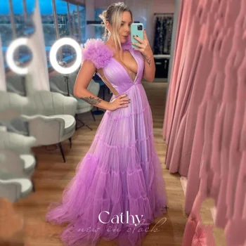 Фиолетовое платье для выпускного вечера Cathy Grace 2023, Вечернее Платье с Гортензией на плечах, Сексуальный V-образный вырез Трапециевидной формы, Многослойные Вечерние Платья из Тюля