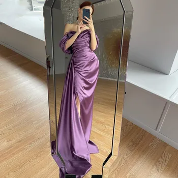 Элегантное Фиолетовое Вечернее платье Русалки с открытыми плечами для женщин 2023, оборки, разрез по бокам, Длинное Вечернее платье для выпускного вечера и свадебной вечеринки
